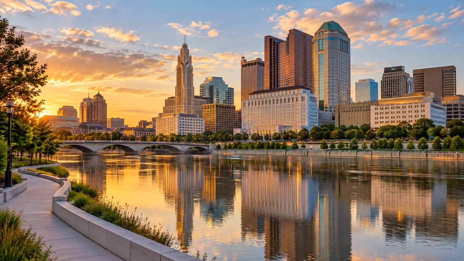 The downtown Columbus, Ohio skyline at golden hour, home market of Closing Columbus